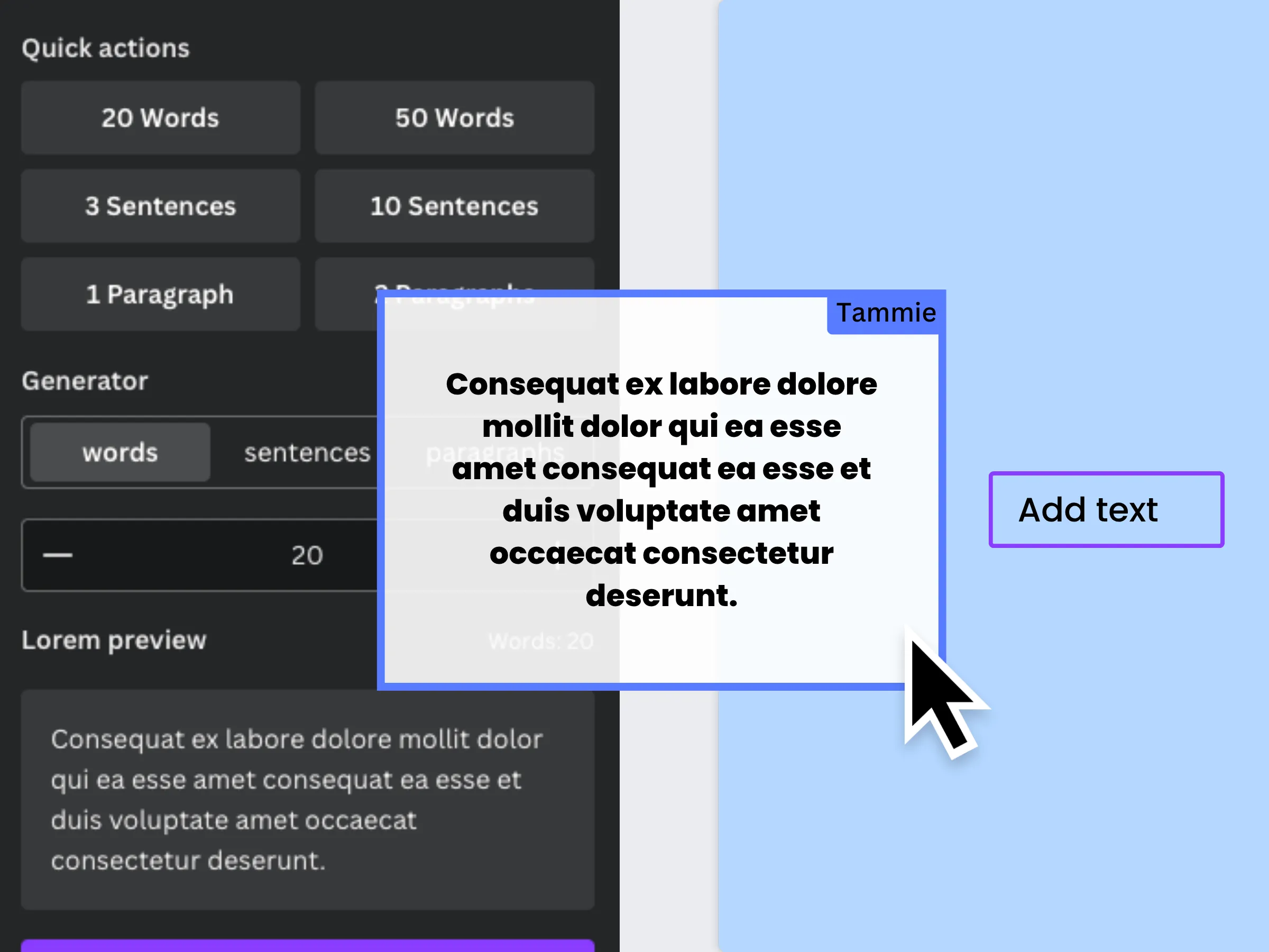 Quick Lorem panel with quick actions, generator and preview, beside text added to a Canva design.