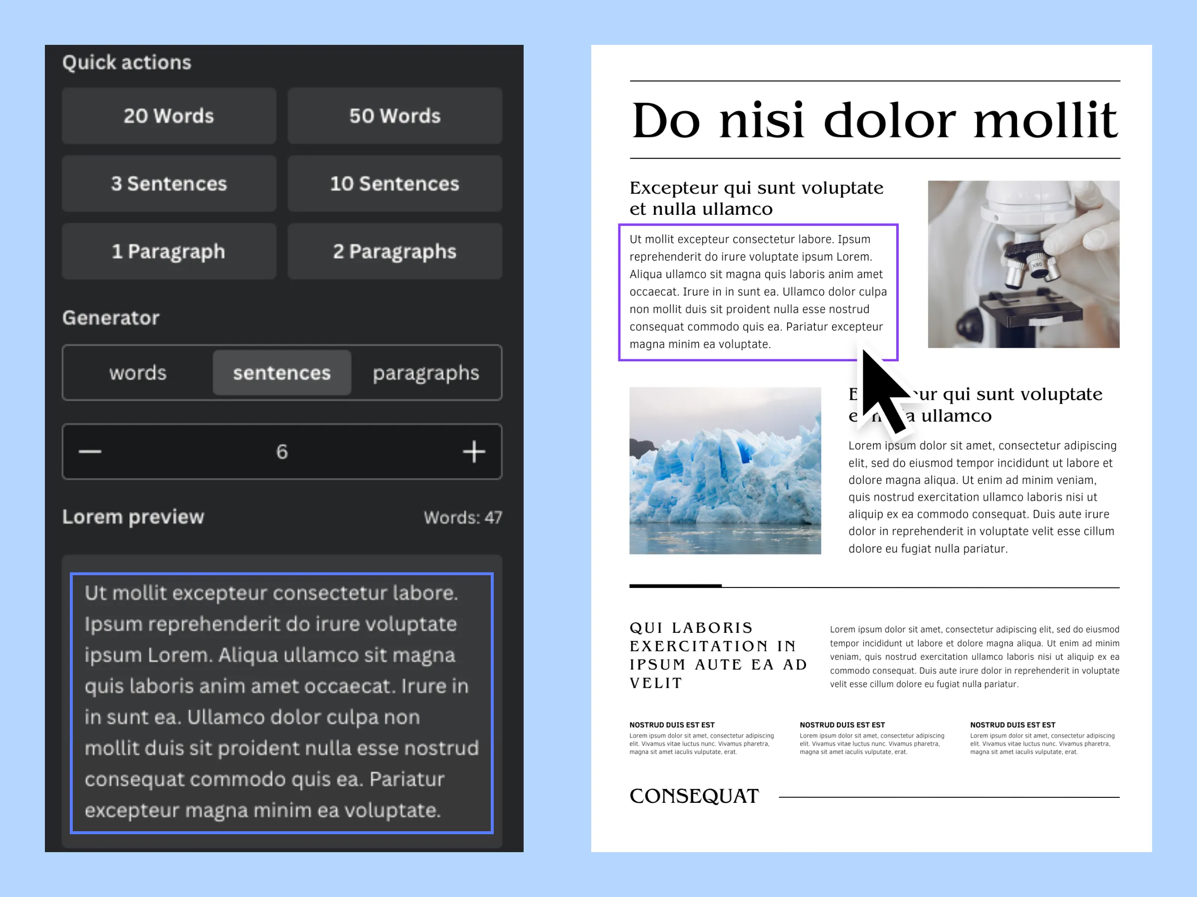 Placeholder text generated with Quick Lorem in an editorial layout with headlines, paragraphs and photographs.